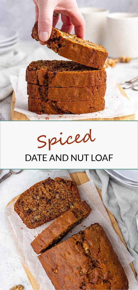 This spiced date and nut loaf are moist, flavoured with sweet dates and dotted with crunchy walnuts. A thick slice goes perfectly with the afternoon cup of tea! Date And Nut Cake, Date And Nut Muffins, Ginger And Date Loaf, Date And Nut Loaf Recipe, Walnut And Date Recipes, Spiced Date Cake, Date Loaf Cake, Date Walnut Loaf, Date And Nut Loaf