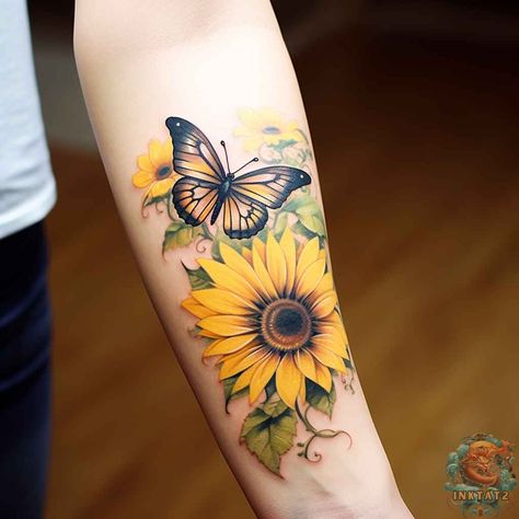 Symbolic Beauty of Sunflower and Butterfly Tattoos – 51 Designs - inktat2.com Butterfly With Flowers Tattoo, Butterfly Tattoos On Arm, Sunflower Tattoo Sleeve, Sunflower Tattoo Shoulder, Bright Tattoos, Favorite Tattoos, Butterfly Tattoos For Women, Mommy Tattoos, Sunflower Tattoos