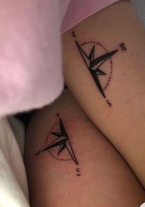 Best friends matching but not matching tattoos Matching Tattoos Guys Best Friends, Compass Tattoo Matching, Country Matching Tattoos Best Friends, Half Matching Tattoos, Best Friend Compass Tattoos, Life Long Friend Tattoos, Best Friend Travel Tattoos, Matching Tattoos For Long Distance, Long Distance Bestie Tattoos