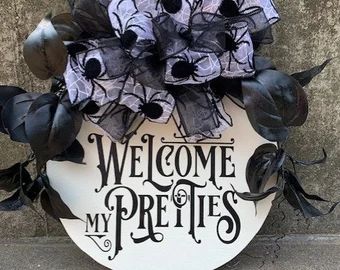 Wood Circle Wreath Halloween, Witch On Door Decoration, Dollar Tree Wood Halloween Sign, Halloween Decor All Year Round, Halloween Circle Signs, Halloween Door Sign, Sign For Door, White Exterior Paint, Halloween Door Hangers