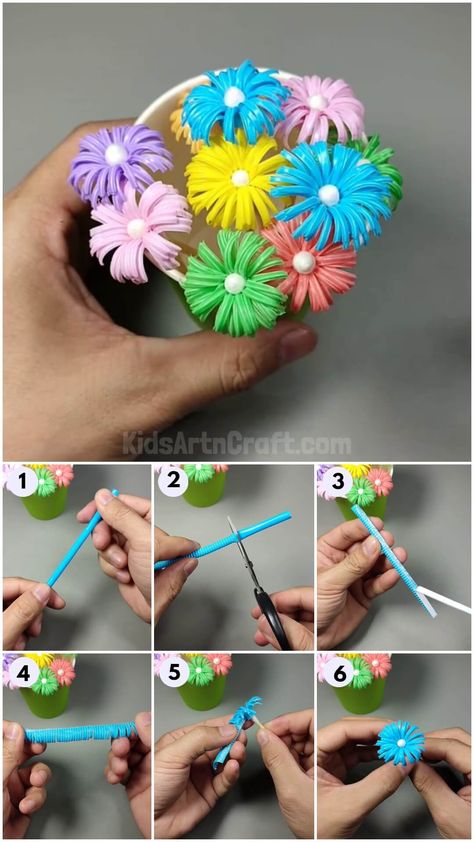 Drinking Straw Flower Craft Tutorial Check more at https://www.kidsartncraft.com/drinking-straw-flowers-craft-tutorial/ Straw Recycle Ideas, Straw Flowers Craft, Crafts With Straws, Straw Projects, Drinking Straw Crafts, Straw Craft, Straw Flowers, Kerajinan Diy, Straw Art