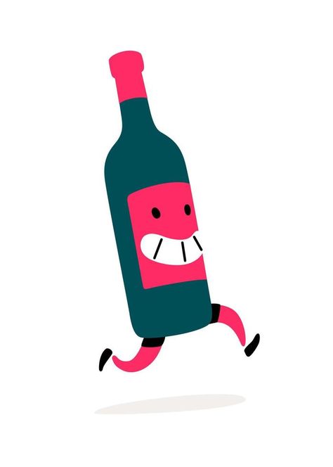 Illustration of a running bottle of wine. Vector. Character bottle with wine or liquor. Icon for site on white background. Sign, logo for the store alcoholic products. Delivery of alcoholic beverages. Wine Cartoon, Alcohol Illustration, Wine Bottle Illustration, Bottle Character, Wine Vector, Bottle Logo, Sign Logo, Wine Delivery, Alcoholic Beverages