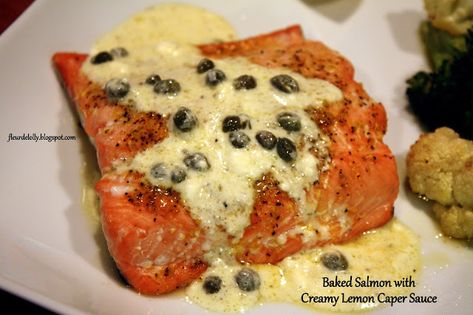 Salmon With Capers Recipe, Peppers Pasta, Salmon Capers, Garlic Asparagus, Baked Salmon Lemon, Lemon Pepper Salmon, Capers Recipe, Lemon Caper Sauce, Caper Sauce