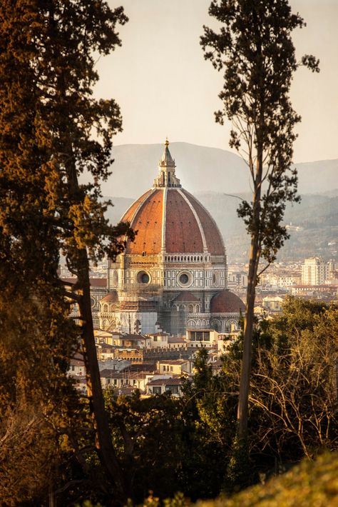 Florence Cathedral, formally the Cattedrale di Santa Maria del Fiore, is the cathedral of Florence, Italy. It was begun in 1296 in the Gothic style to a design of Arnolfo di Cambio and was structurally completed by 1436, with the dome engineered by Filippo Brunelleschi. This photo captures the Duomo through the trees as I was walking down the hilltops from the Abbey of San Miniato al Monte. The time of day was late afternoon and the sun was bathing the Duomo in golden light. This photo comes in Images Of Italy, Florence Italy Duomo, Gothic Italian Aesthetic, Florence Core Aesthetic, Florence Astethic, Florence In Winter, Italy Florence Aesthetic, Florence Photoshoot, Florence Architecture