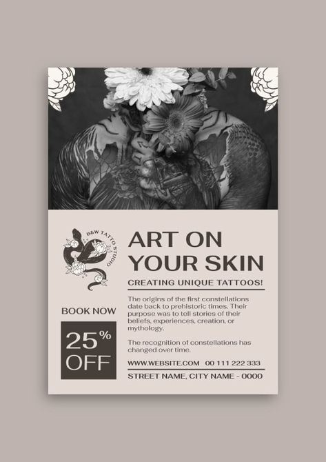 Elegant B&W Tattoo Flyer Tattoo Flyer Graphic Design, Tattoo Flyer Design, Tattoo Poster Design, W Tattoo, Elegant Flyer, Flor Tattoo, Logo Reference, Posters Ideas, Tattoo Salon