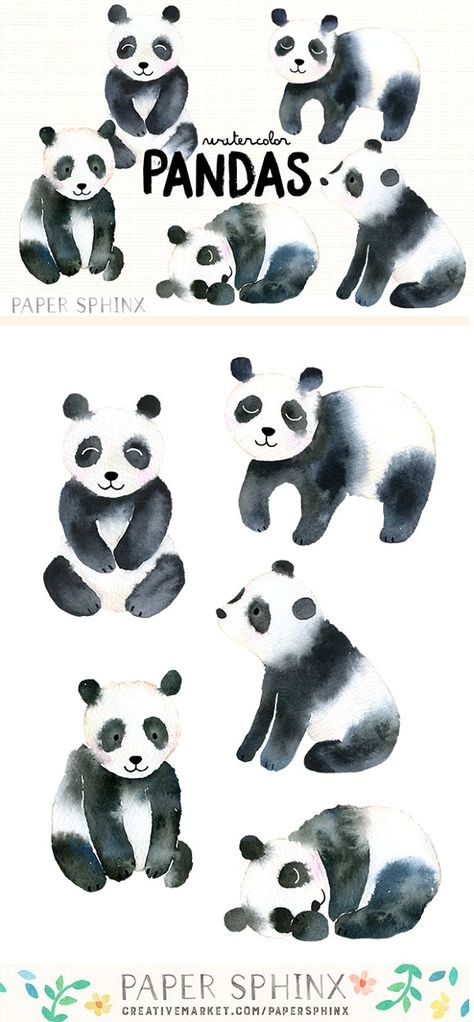 Watercolor Pandas Pack Graphics **5 sweet pandas, hand-painted in watercolors. Includes sitting, standing and sleeping pandas. The g by PaperSphinx Watercolour Panda, Sphinx Art, Danielle Donaldson, Bear Logo Design, Sleeping Panda, Panda Artwork, Panda Painting, Panda Illustration, Baby Nursery Wall Art