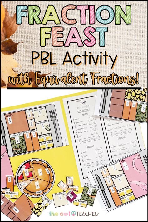 Are you looking for a fun activity for your fall festivities or Thanksgiving celebrations? This holiday project based learning math activity called Fraction Feast covers everything from partitioning fractions, adding with like and unlike denominators, working with decimals, equivalent fractions, and so much more. This post helps you learn all about having a fraction feast this fall or Thanksgiving holiday in your upper elementary classroom. Thanksgiving Math Project, Thanksgiving Upper Elementary, Thanksgiving Fractions, Fractions Craft, Project Based Learning Elementary, Math Fraction Activities, Project Based Learning Math, 4th Grade Fractions, Thanksgiving Math Activities