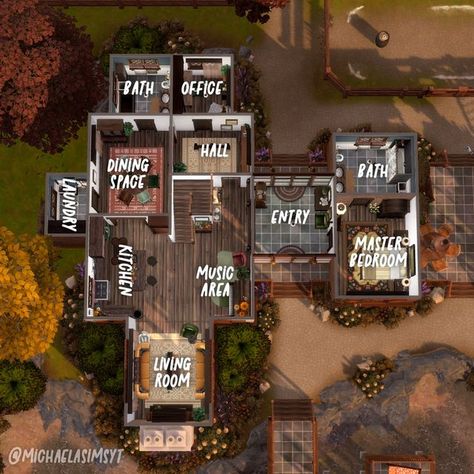 Michaela Sims | Sims 4 Builder ✨🇨🇿 on Instagram: "The floor plan of my Family Pumpkin Farm 🥕 The house is really quite spacious, with 4 bathrooms and a separate laundry room, an office or a playroom. There is also a second structure on the lot, which can house 2 horses and a cow or llama. 🧡 Henford-on-Bagley 🧡 50x40 🧡 $122,628 🧡 Origin ID: michaelasimsyt 🧡 Speed build on my YT channel, link in bio ✦ EP: Horse Ranch, Growing Together, High School Years, Cottage Living, Snowy Escape, Eco L Sims 4 Family House, Ranch House Floor Plans, Snowy Escape, Cottage Floor Plan, Sims 4 Houses Layout, Sims 4 House, 2 Horses, Sims 4 Family, Floor Plans Ranch