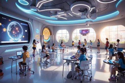 Gamified Education Fun and Learning in Futuristic Classrooms | Premium AI-generated image Futuristic Classroom, Gamified Learning, Futuristic School, Building Design Plan, School Building Design, Office Building Architecture, Office Buildings, School Building, Futuristic Architecture