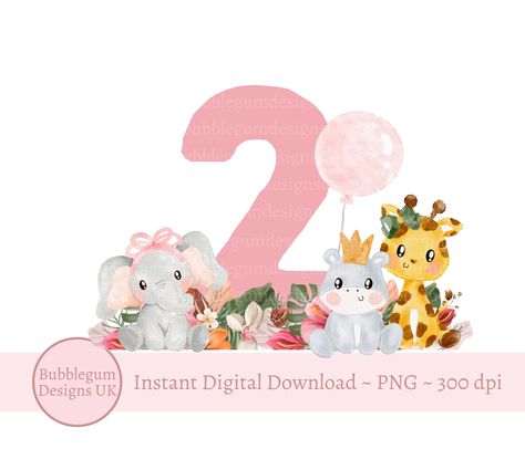 Baby Safari Animals, Birthday Cards Images, Girl 2nd Birthday, Girl Party, Safari Animals, Animal Design, Etsy Baby, 2nd Birthday, Digital Download Etsy