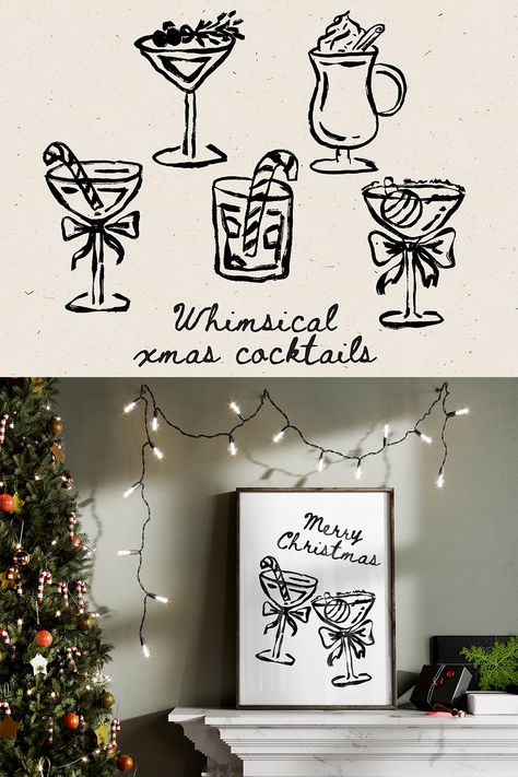 The small set of hand drawn winter cocktails in the whimsical style Vintage Illustration Christmas, Christmas Cocktail Illustration, Cocktail Set Up For Party, Blackboard Ideas, Cocktails Drawing, Xmas Cocktails, Cocktail Pictures, Christmas Logo, Cocktail Illustration