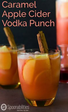 Caramel Apple Cider Vodka Punch cocktail drink recipe. Also called Spiked Caramel Apple Cider. Sweet, fruity, festive alcoholic beverage to celebrate the holidays. Spoonabilities.com Apple Cider Vodka Punch, Spiked Caramel Apple Cider, Spiked Apple Cider Recipe, Caramel Cocktail, Cider Caramel, Apple Cider Punch, Vodka Punch, Caramel Apple Cider, Spiked Apple Cider