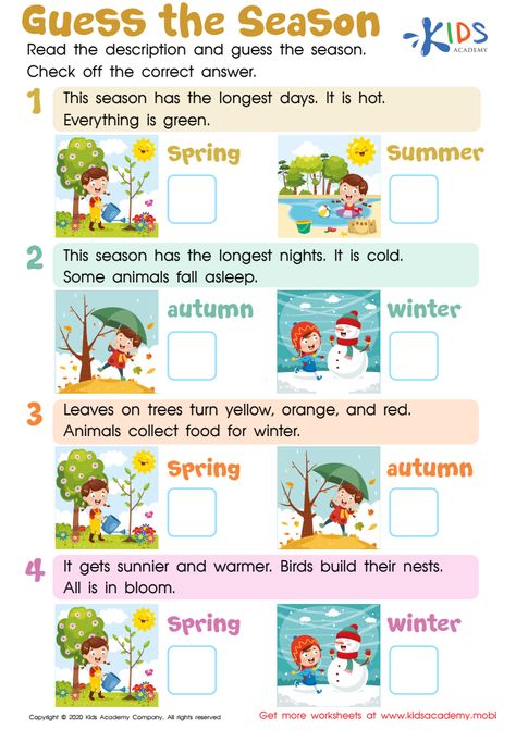 Season Worksheet, Seasons Worksheets, Weather Worksheets, English Teaching Materials, 1st Grade Science, Seasons Activities, English Exercises, English Worksheets For Kids, 1st Grade Worksheets