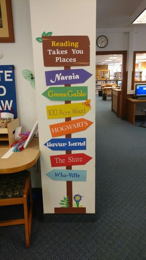 Reading Takes You Places, February 2017. | School library decor, School library displays, Elementary school library Middle School Library, School Library Book Displays, School Library Bulletin Boards, Peraturan Kelas, Church Library, School Library Decor, School Library Displays, Decor School, Library Book Displays