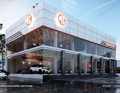 Car Dealership Design Exterior, Car Showroom Exterior, Car Showroom Design Exterior, Car Showroom Plan, Car Showroom Interior Design, Car Dealership Design, Mg Motors, Car Showroom Architecture, Automotive Showroom