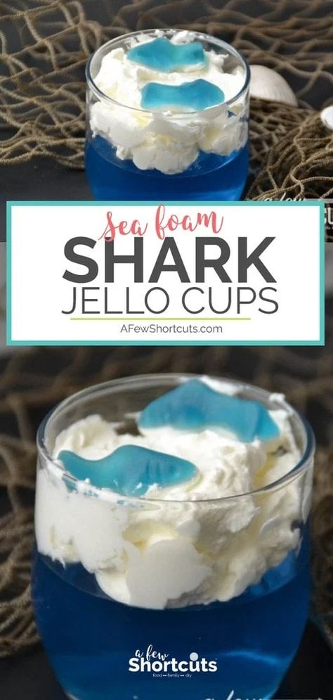 Seafood Party Ideas, Shark Jello Cups, Shark Jello, Shark Week Drinks, Shark Party Foods, Ocean Snacks, Shark Week Recipes, Shark Snacks, Beach Dessert