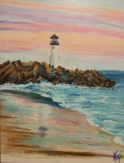 Oil Pastel Drawings Beach, Lighthouse Oil Pastel, Beach Colored Pencil Drawing, Beach Pastel Art, Oil Pastel Beach Scene, Ocean Pastel Drawing, Oil Pastel Ocean, Beach Oil Pastel, Oil Pastel Artwork