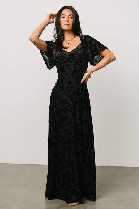 Everley Velvet Maxi Dress | Black | Baltic Born Modest Black Dress, Black Wedding Guest Dresses, Fitted Maxi Skirt, Embossed Velvet, Baltic Born, Velvet Maxi Dress, Velvet Maxi, Fall Wedding Guest Dress, Black Dress Formal