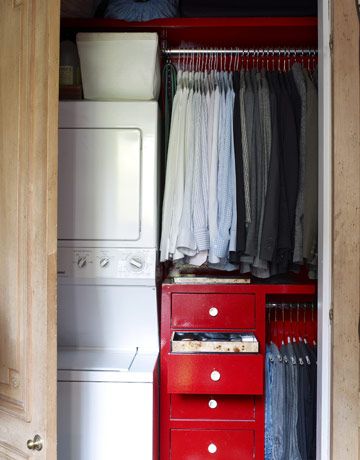 Small Apartment Decorating Ideas - How to Decorate Small Spaces - House Beautiful Hidden Laundry Rooms, Laundry Room Storage Shelves, Mini Loft, Tension Rods, Multipurpose Furniture, Laundry Closet, Small Closet Organization, Small Space Organization, Small Laundry Rooms