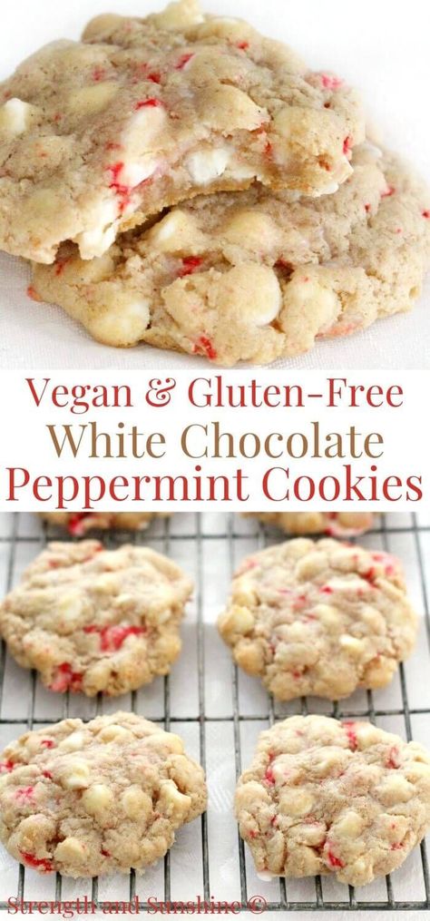 Vegan White Chocolate Peppermint Cookies (Gluten-Free, Allergy-Free) | Strength and Sunshine | The perfect holiday cookie recipe that tastes just like Christmas! These Vegan White Chocolate Peppermint Cookies are gluten-free, allergy-free, and full of dairy-free white chocolate chips and crushed peppermint candies! Easy and delicious, they're a fun addition to your seasonal cookie swap and dessert platters! #cookies #christmascookies #christmasrecipes #vegancookies #whitechocolate #peppermint White Chocolate Peppermint Cookies, Gluten Free Christmas Desserts, Dessert Platters, Dairy Free White Chocolate, Crushed Peppermint, Gluten Free Dairy Free Dessert, Gluten Free Christmas Cookies, Vegan Christmas Cookies, Xmas Baking