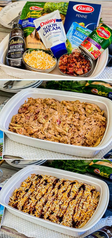 Bbq Chicken Pasta Casserole, Bbq Chicken Dishes Dinners, Diner Casserole Recipes, Protein Packed Casserole, Bbq Chicken Bacon Ranch Casserole, Bbq Ranch Chicken Pasta, What To Do With Bbq Chicken, Bbq Chicken Pasta Bake, Bbq Casserole Recipes