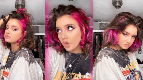 Pink Under Hair Dye, How To Do Peekaboo Highlights At Home, How To Dye Peekaboo Hair At Home, Hair Color Underneath Pink, Easy Hair Dye Ideas At Home, Magenta Underneath Hair, Diy Pink Hair At Home, At Home Hair Dye Ideas, Hair Dye Techniques At Home