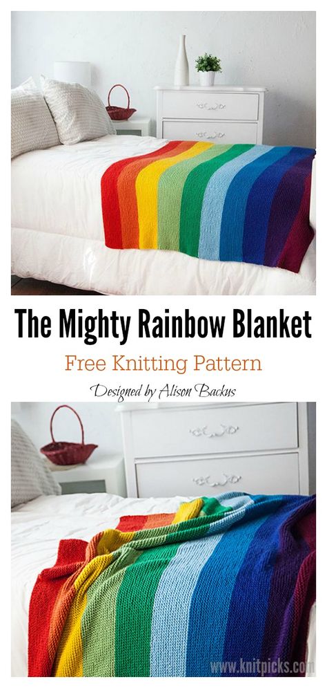 The Mighty Rainbow Blanket Free Knitting Pattern #startknittingfreepattern #easyknittingpatterns #knittingpatternsbeginner #knittingblanket Knit Patchwork Blanket, Easy Blanket Knitting Patterns, Patchwork Knitting, Crochet Blanket Rainbow, Blanket Decor, Blanket Squares, Knit Patchwork, Knitting Patterns Free Blanket, Easy Knitting Projects