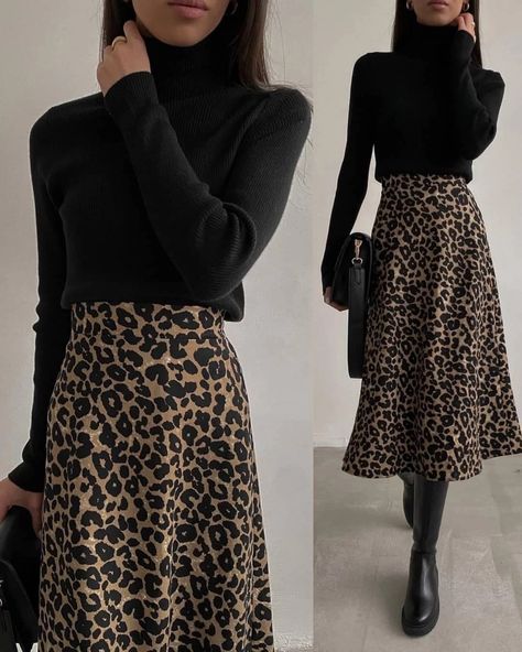 Winter Theatre Outfit, Leopard Print Skirt Outfit, Leopard Skirt Outfit, Printed Skirt Outfit, Happy Hour Outfit, Outfit Otoño, Winter Skirts, Corporate Goth, Homesteading Skills