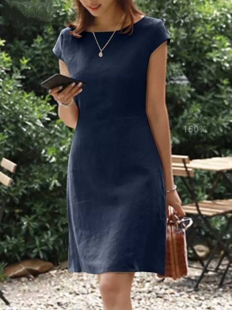 50 Vestidos para Senhoras Moda Verão Summer Work Dresses, Solid Midi Dress, Loose Midi Dress, Sundress Summer, Dress Stylish, Navy And Khaki, Zipper Shorts, Vestidos Vintage, Loose Dress