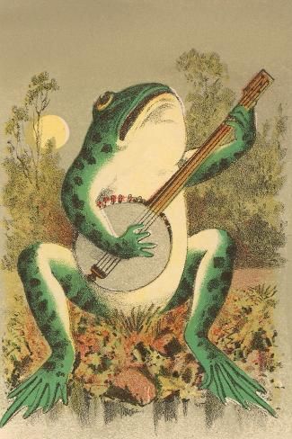 size: 18x12in Art Print: Frog Playing Banjo in Moonlight : Frog With Banjo, Happy Birthday Frog, Frog Playing Banjo, Banjo Art, Birthday Frog, Moonlight Art, Banjo, Happy Birthday, Art Print