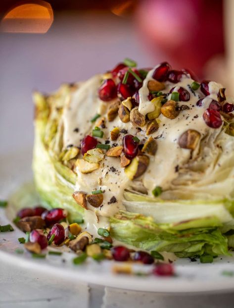 broiled wedge salad with pomegranates and pistachios Vegan Wedge Salad, Grilled Salads, Lamb Sides, Wedge Salad Recipes, Salad With Pomegranate, Lamb Dinner, Grilled Salad, Wedge Salad, Tahini Dressing