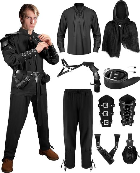 Amazon.com: Panitay 8 Pcs Halloween Men's Renaissance Costume Set Medieval Viking Shirt Pant Belt Cape Bracer Sword Bag(X-Large,Stylish Color) : Clothing, Shoes & Jewelry Modern Medieval Fashion Men, Medieval Clothing Male, Medieval Pouch, Viking Pants, Arrow Holder, Armor Belt, Medieval Costumes, Pirate Costumes, Belted Cape