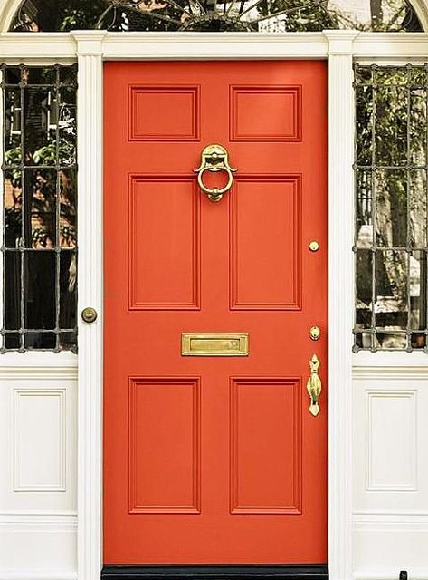 Orange Front Door, Bright Front Doors, Entry Door Colors, Orange Front Doors, Exterior Door Colors, Red Front Door, Orange Door, Stylish Doors, Front Door Paint Colors