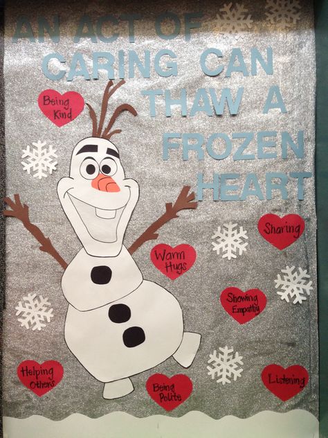 Frozen Caring Bulletin Board #characterlessons #caring #schoolcounseling #frozen #teaching #bulletinboard Valentines Day Bulletin Board Ideas, December Bulletin Boards, February Bulletin Boards, Door Bulletin Boards, Valentine Bulletin Boards, Holiday Bulletin Boards, Christmas Bulletin Boards, Christian Bulletin Boards, Work Bulletin Boards