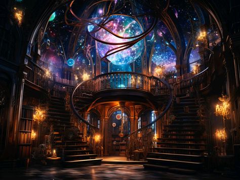 Magic School Art Concept, Magic Hotel Aesthetic, Magic Fantasy World, Magical Observatory, Wizard House Aesthetic, Magic Classroom Fantasy Art, Fantasy Schools Of Magic, Fantasy Library Art, Magical University