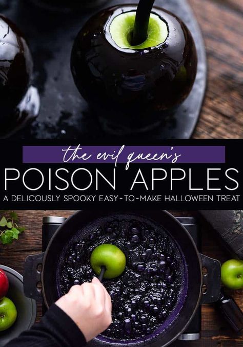 Mini Poison Apples, Black Candied Apples, Poison Apple Halloween Treat, Poison Caramel Apples, Caramel Poison Apples, Poison Apple Candy Apple, Black Poison Candy Apples, Poison Candy Apples Recipe, Cauldron Candy Apples