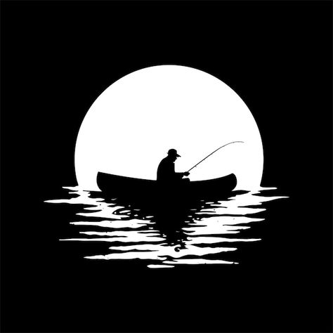 Vector silhouette man fishing at the moo... | Premium Vector #Freepik #vector #night #moon #construction #ocean Fishing Silhouette Designs, Fishing Boat Silhouette, Ship Silhouette, Boat Silhouette, Acrylic Paint Mediums, Boat Vector, Man Fishing, The Moo, Paint Mediums