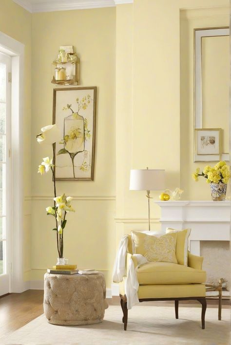 home decor interior design, home interior design, interior bedroom design, living room interior Yellow Paint Colors For Living Room, Pale Yellow Living Room Ideas, Sw Yellow Paint Colors, Light Yellow Living Room Walls, Light Yellow Wall Paint, Light Yellow Walls Living Room, Pale Yellow Room, Best Interior Paint Colors 2024, Light Yellow Living Room