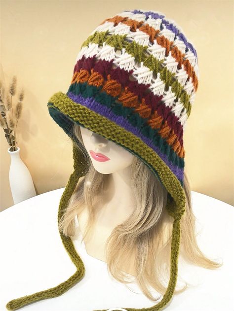 Women's Autumn/Winter Fashion Hand-Knitted Patchwork Knitted Hat With Earflaps, Windproof And Warm Beanie, Cute And Versatile, Suitable For Casual, Cycling And Daily Matching Multicolor Casual,Cute,Street,Boho,Party   Acrylic    Spring/Fall,Winter Women Accessories, size features are:Bust: ,Length: ,Sleeve Length: Film Fancy Dress, Womens Wide Leg Pants, Boho Party, Winter Mode, Women's Beanie, Look Casual, Halloween Costumes For Kids, Womens Fall, Maternity Bag