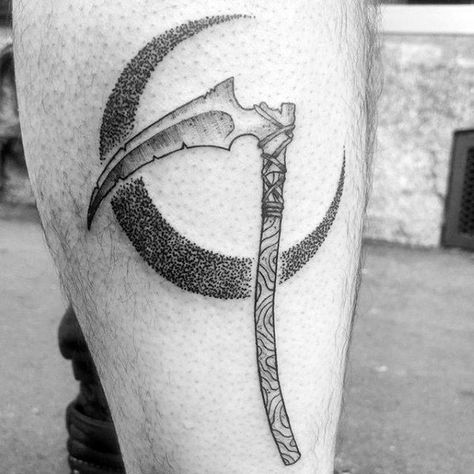 50 Scythe Tattoo Designs For Men - Curved Blade Ink Ideas Chronos Tattoo, Scythe Tattoo, Chaos Tattoo, Greek God Tattoo, Reaper Tattoo, 13 Tattoos, Greek Mythology Tattoos, Mushroom Tattoos, The Grim Reaper