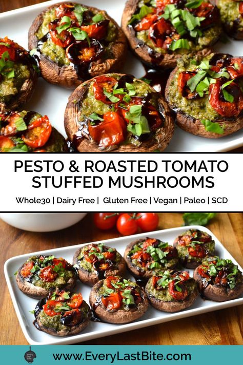 Whole 30 Vegetable Recipes, Eggless Snacks, Veggie Stuffed Mushrooms, Stuffed Mushrooms Vegan, Mushroom Pesto, Tomato Stuffed, Vegan Stuffed Mushrooms, Whole30 Vegan, Catering Options