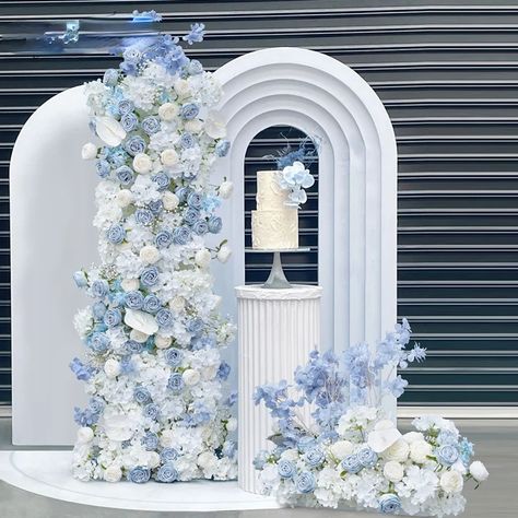 Haze Blue Artificial Flowers For Wedding Decoration Floral Arch KT Board Decor Backdrop Arrangement Blue Photobooth Backdrop, Wedding Decorations Flowers Backdrops, Light Blue Sweet 16 Centerpieces, Blue And White Bridal Shower Backdrop, Greyish Blue Wedding Theme, Blue And White Photo Backdrop, Something Blue Backdrop, Blue Flowers Baby Shower Theme, Engagement Party Blue And White