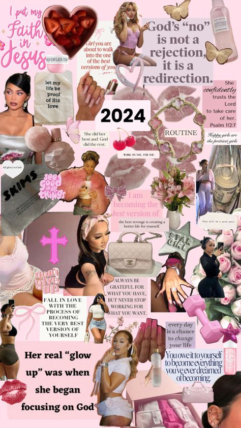 cute girly 2024 vision board Girly Girl Vision Board, Pretty Girl Vision Board, Girly Vision Board Ideas, Pink Vision Board Pictures, Vison Boards Ideas 2024, Girly Mood Board, Girly Vision Board, Vision Board Layout, Vision Board Design