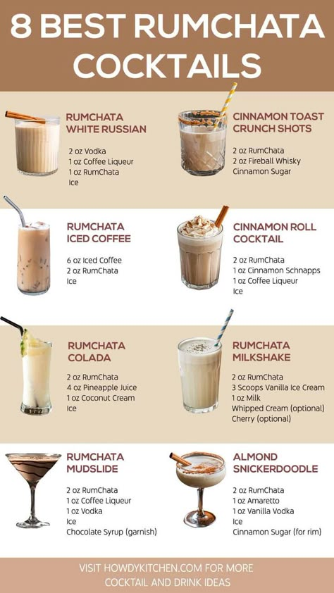 A visual guide to 8 delicious RumChata cocktails, including White Russian, Mudslide, and Colada Rumchata Recipes Drink, Pink Alcoholic Drinks, Creative Alcoholic Drinks, Rumchata Cocktails, Rumchata Drinks, Rumchata Recipes, Rum Chata, Rum Drinks Recipes, Bartender Drinks Recipes