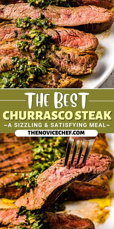 Perfectly juicy and topped with herby chimichurri, this churrasco steak recipe is the only excuse you need to fire up the grill this summer. Marinated with mojo, every bite is wonderfully tender and flavorful. Churrasco Steak Recipe Puerto Rico, Churrasco Steak Recipe, Beef Chimichurri, Churrasco Recipe, Chimichurri Recipe Steak, Steak And Chimichurri, Churrasco Steak, Steak Chimichurri, Mojo Marinade