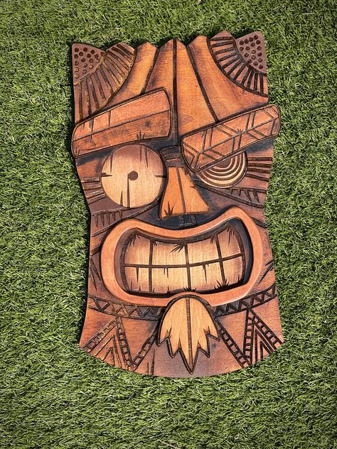 Excited to share this item from my #etsy shop: Tiki Mask of chaos #tiki #woodenmask #bar #tikigod #tikimask #tikilife Tiki Kitchen, Tiki Maske, Engraver Ideas, Tiki Masks, Tiki Man, Tiki Bar Signs, Hawaiian Party Decorations, Mask Drawing, Tiki Mask