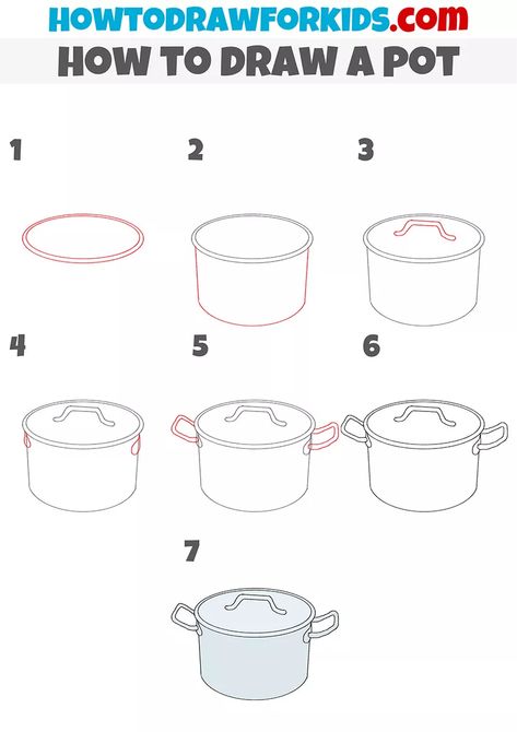 How to Draw a Pot - Easy Drawing Tutorial For Kids Cooking Drawing Easy, Easy Objects To Draw, Draw Objects, Furniture Drawing, Homework Activities, Bee Clipart, Kitchen Drawing, Easy Cartoon Drawings, Easy Drawing Tutorial