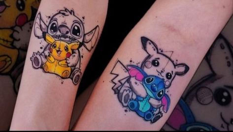 Tattoo Ideas Trending, Pokemon Tatoos Ideas, Matching Disney Tattoos, Disney Inspired Tattoos, Matching Bff Tattoos, Bestie Tattoos, Maching Tattoos, Pikachu Tattoo, Cute Matching Tattoos