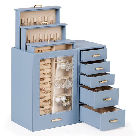 PRICES MAY VARY. Upgraded Size: This Homde jewelry box in big size (10.8 x 5.4 x 9.6 inches) and functional partitions, take full advantage of each partition to store your bracelets, necklaces, earrings, bobby pins, watches and other accessories. This jewelry organizer is well-constructed and sturdy to keep all your jewelry in order Classical and Elegant: The jewelry case is made of chic PU-leather in grey blue, with a soft velvet lining to better protect your jewelry from scratches and dust. As Jewelry Box Organizer, Classroom Decor High School, Jewerly Boxes, Large Jewelry Box, Wine Shelves, Large Necklace, Box Organizer, Basket Shelves, Jewelry Organizer Box