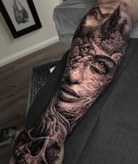 Mother Nature tattoo by Dylan Weber, an artist at Atlnts Studio in Sydney, Australia. Mother Nature Tattoo, Mother Earth Tattoo, Face Tattoos For Women, Earth Tattoo, Animal Sleeve Tattoo, Mother Nature Tattoos, Nature Tattoo Sleeve, Realistic Tattoo Sleeve, Girl Face Tattoo